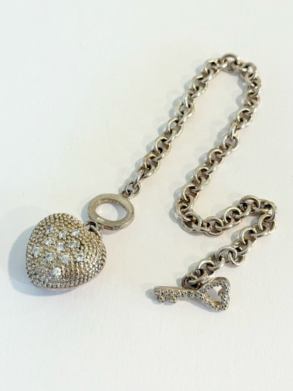 Sterling Silver 925 Puffy Key To My Heart Charm Bracelet Toggle Clasp Puffy 3D